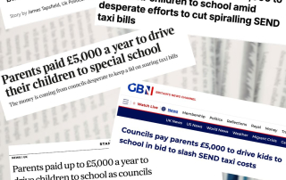 Selection of news headlines "Parent paid £5000 a year to drive their children to special school".